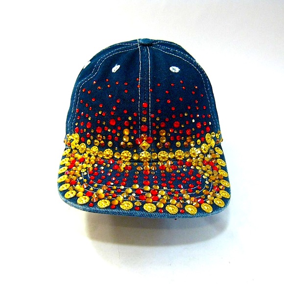 Handmade Denim Red Gold Rhinestone Studded Glittery streetwear Baseball Cap Hat - Picture 1 of 8